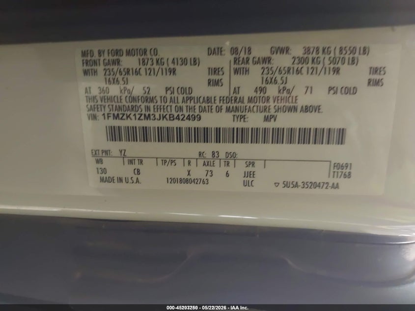 2018 Ford Transit 150 VIN 1FMZK1ZM3JKB42499 IAAI salvage auction — NORMAL WEAR, Sf97 (Texas), sold $18,850 on 2026-07-07 (photo 9)