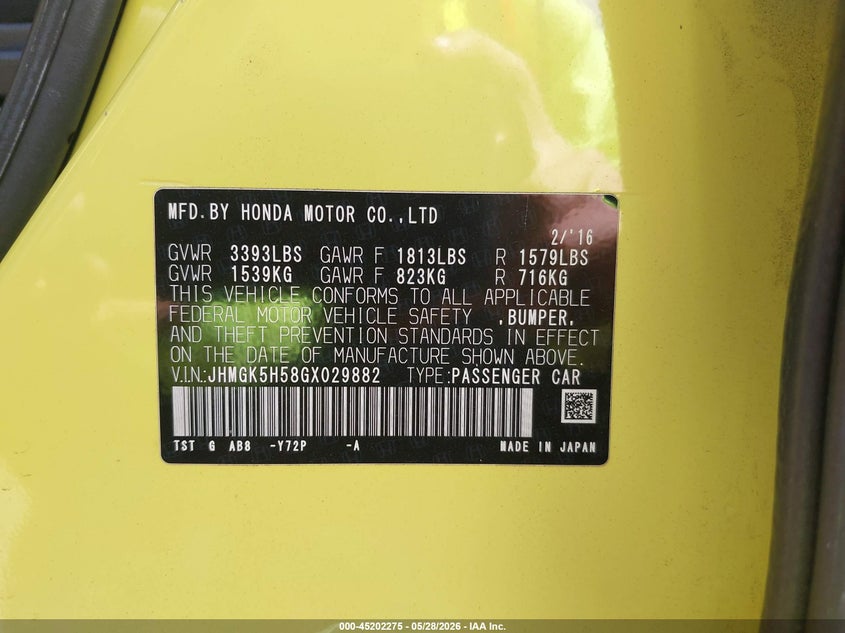 2016 Honda Fit VIN JHMGK5H58GX029882 IAAI salvage auction — FRONT END, Salvage Title, sold $350 on 2026-07-21 (photo 9)
