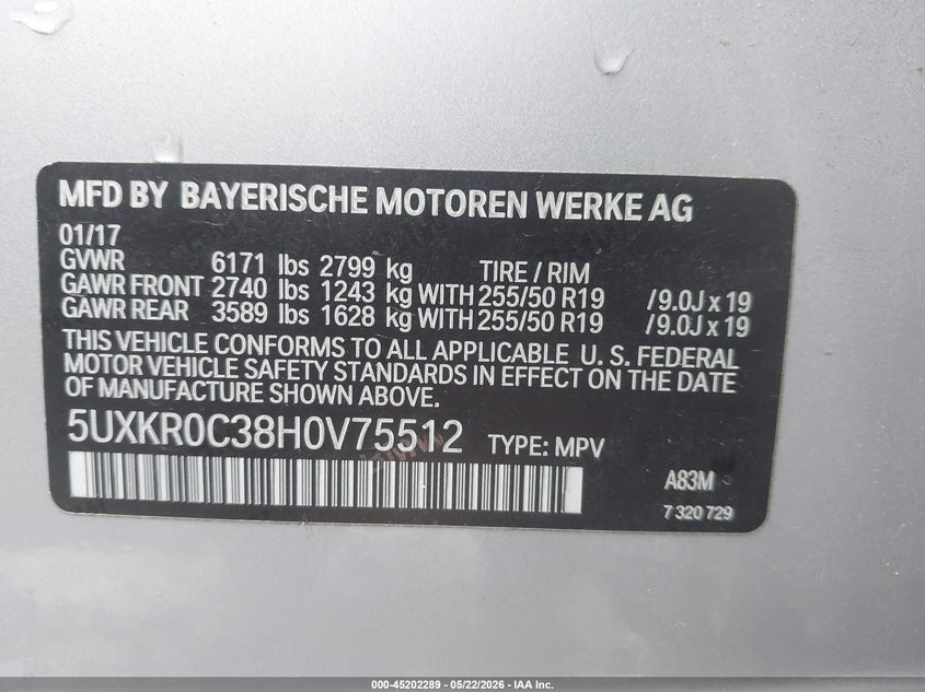 2017 BMW X5 VIN 5UXKR0C38H0V75512 IAAI salvage auction — NORMAL WEAR, Repossession Paperwork (Georgia), sold $8,300 on 2026-07-30 (photo 9)