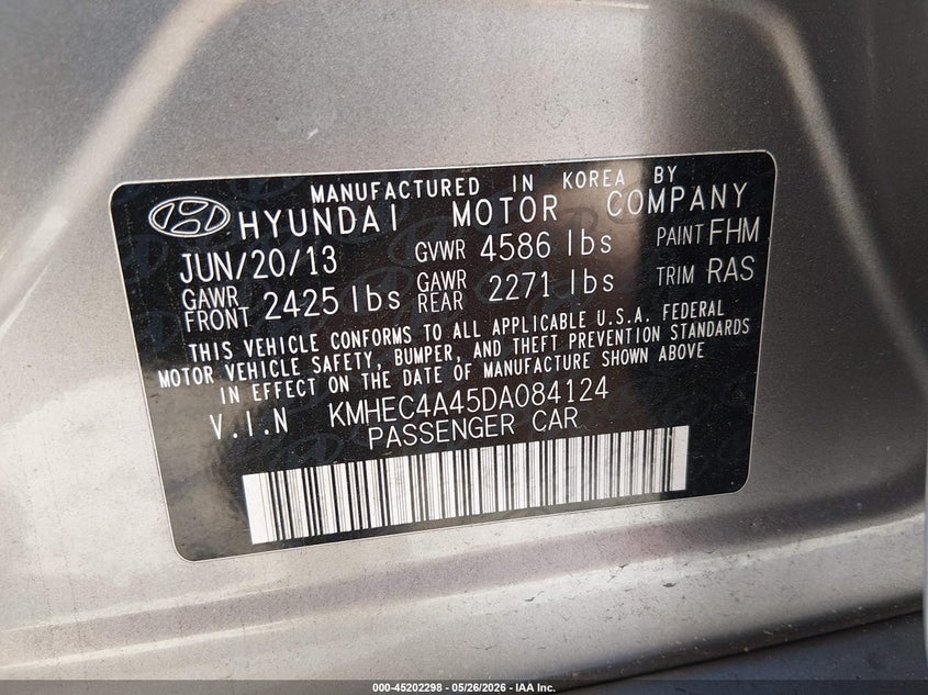 2013 Hyundai Sonata VIN KMHEC4A45DA084124 IAAI salvage auction — FRONT END, Salvage (South Carolina), sold $400 on 2026-07-14 (photo 9)