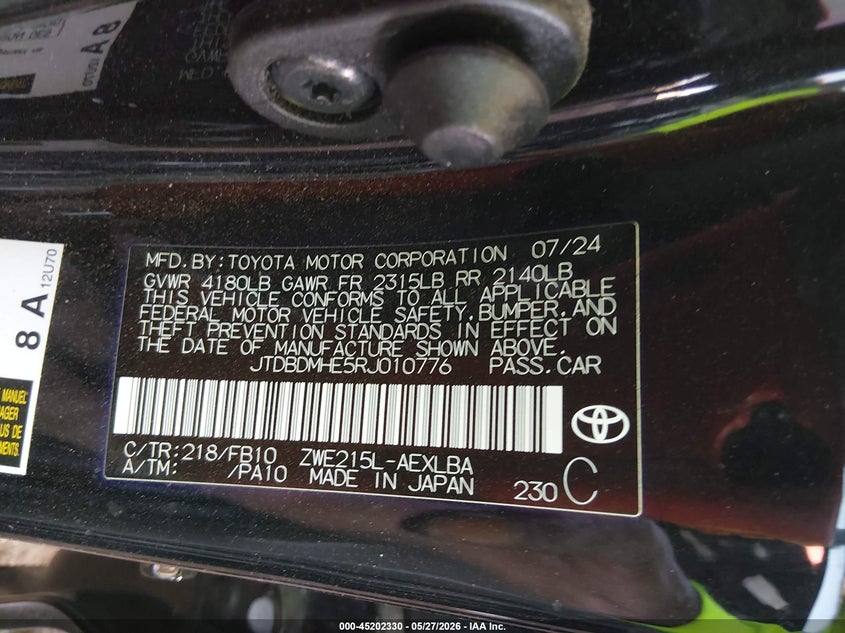 2024 Toyota Corolla VIN JTDBDMHE5RJ010776 IAAI salvage auction — FRONT END, Salvage Title, sold $2,550 on 2026-07-28 (photo 9)