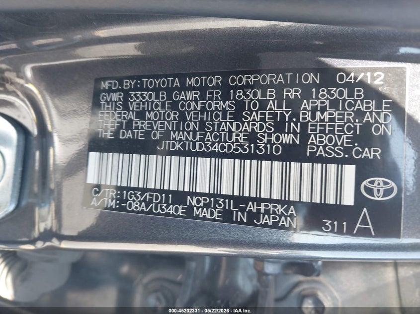 2012 Toyota Yaris VIN JTDKTUD34CD531310 IAAI salvage auction — NORMAL WEAR, Clear - Dealer Only (California), sold $2,400 on 2026-07-06 (photo 9)