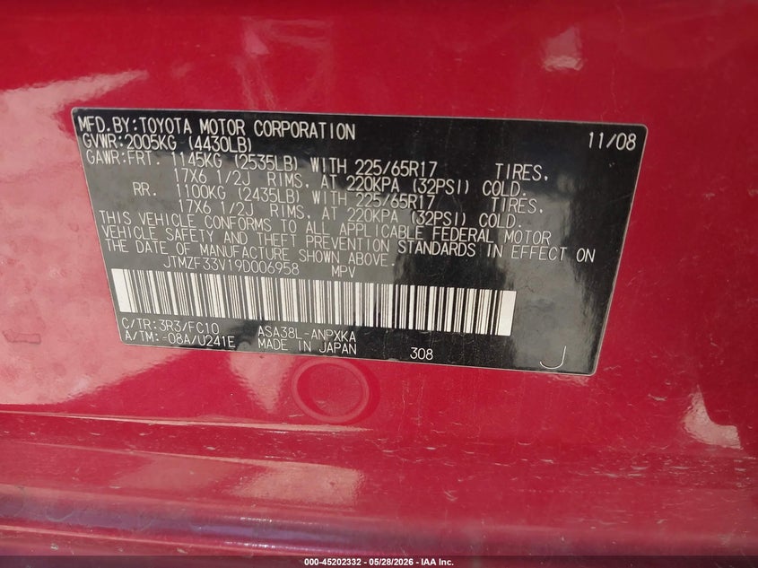 2009 Toyota Rav4 VIN JTMZF33V19D006958 IAAI salvage auction — FRONT & REAR, Original (Texas), sold $2,400 on 2026-07-09 (photo 9)