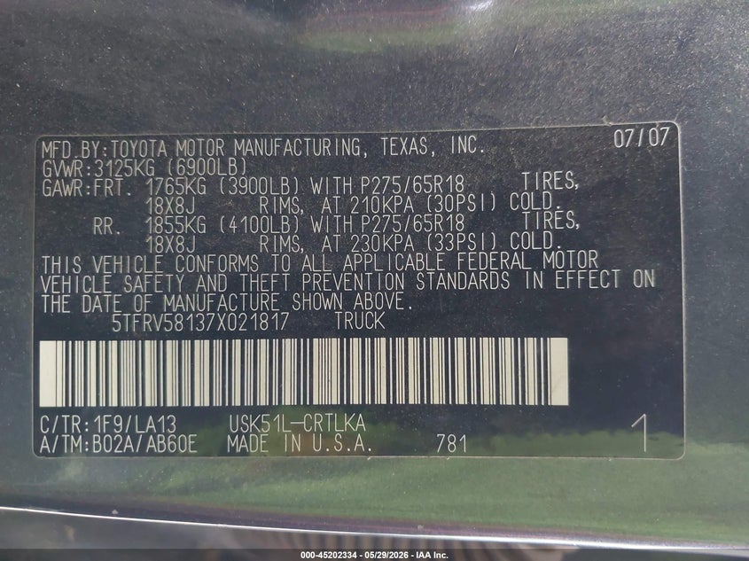 2007 Toyota Tundra VIN 5TFRV58137X021817 IAAI salvage auction — HAIL, Original (Texas), sold $4,550 on 2026-07-13 (photo 9)