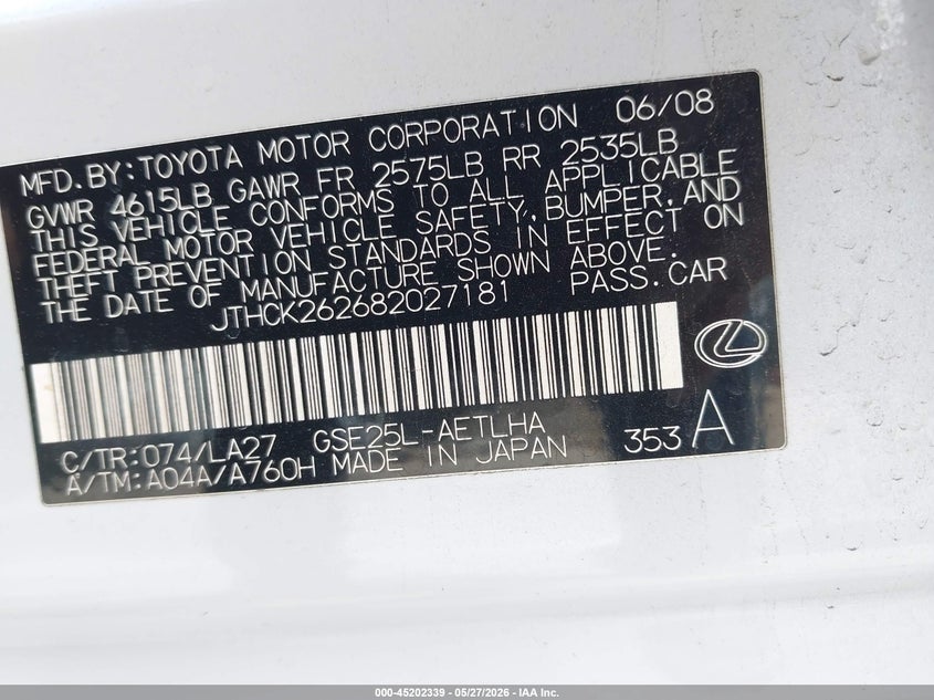 2008 Lexus Is 250 VIN JTHCK262682027181 IAAI salvage auction — REAR END, Salvage (California), sold $1,800 on 2026-07-20 (photo 9)