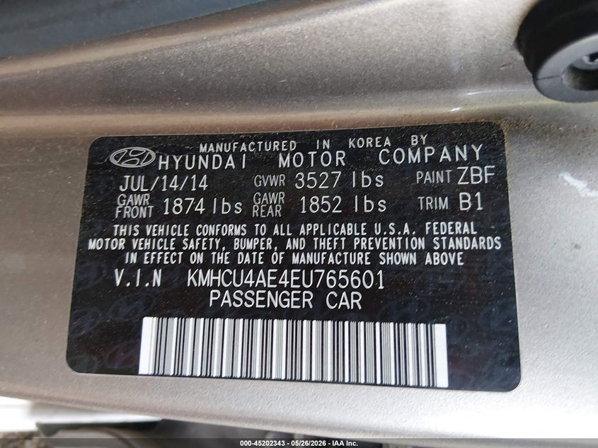 2014 Hyundai Accent VIN KMHCU4AE4EU765601 IAAI salvage auction — RIGHT SIDE, Salvage (Arizona), sold $775 on 2026-07-28 (photo 9)