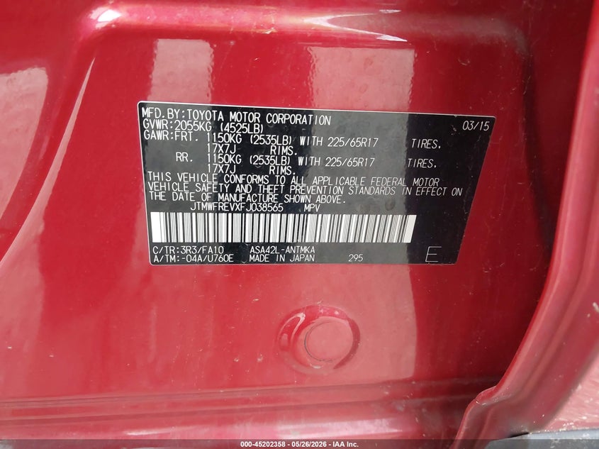 2015 Toyota Rav 4 VIN JTMWFREVXFJ038565 IAAI salvage auction — REAR END, Original (Texas), sold $5,250 on 2026-07-13 (photo 9)