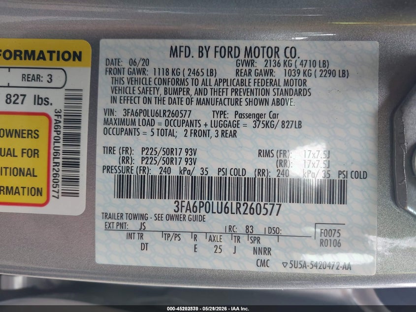 2020 Ford Fusion VIN 3FA6P0LU6LR260577 IAAI salvage auction — NORMAL WEAR, Sf97 (Washington), sold $9,325 on 2026-07-09 (photo 9)