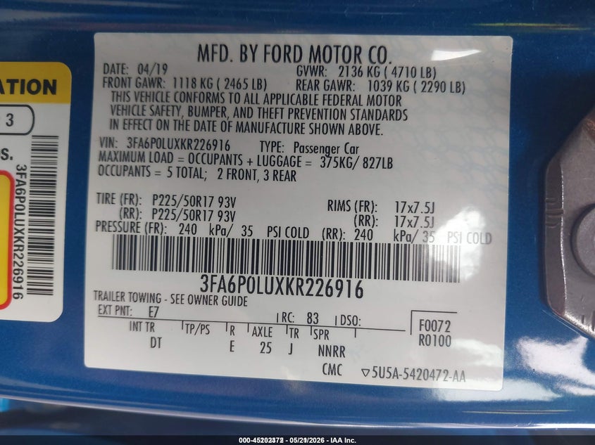 2019 Ford Fusion VIN 3FA6P0LUXKR226916 IAAI salvage auction — NORMAL WEAR, Sf97 (Washington), sold $11,075 on 2026-07-09 (photo 9)
