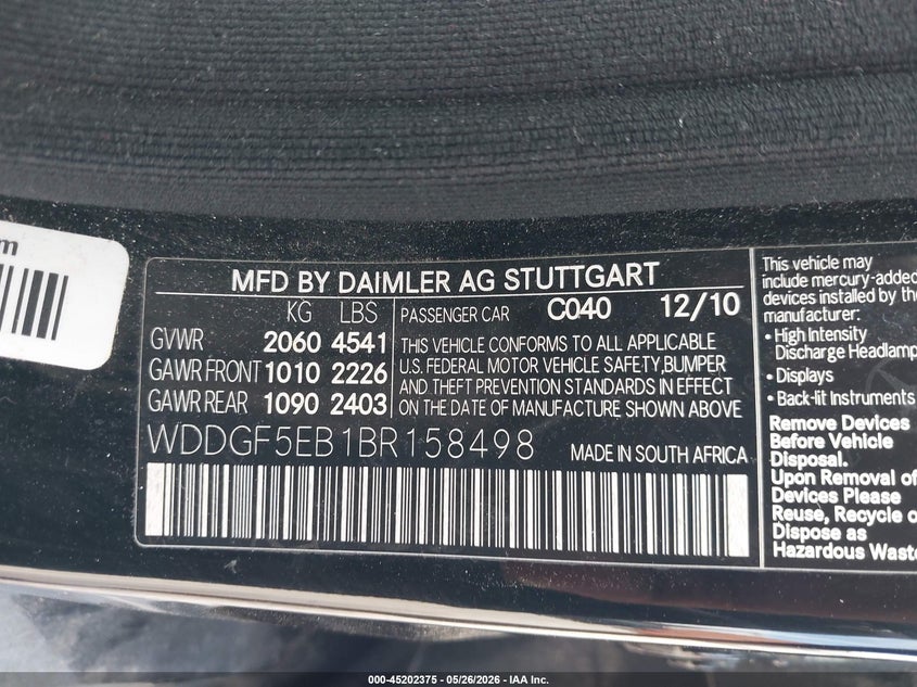 2011 Mercedes-benz C class VIN WDDGF5EB1BR158498 IAAI salvage auction — LEFT FRONT, Original (Texas), sold $400 on 2026-08-04 (photo 9)