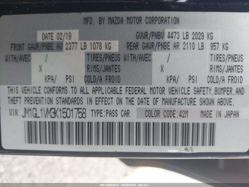 2019 Mazda 6 VIN JM1GL1VM3K1501758 IAAI salvage auction — FRONT END, Salvage (California), sold $2,475 on 2026-07-20 (photo 9)