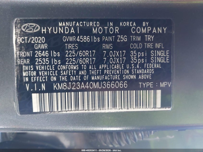 2021 Hyundai Tucson VIN KM8J23A40MU366066 IAAI salvage auction — LEFT REAR, Original (Texas), sold $6,950 on 2026-07-15 (photo 9)