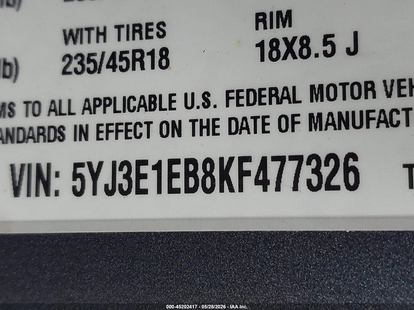 2019 Tesla Model 3 VIN 5YJ3E1EB8KF477326 IAAI salvage auction — FRONT END, Salvage Title, sold $4,300 on 2026-07-13 (photo 9)
