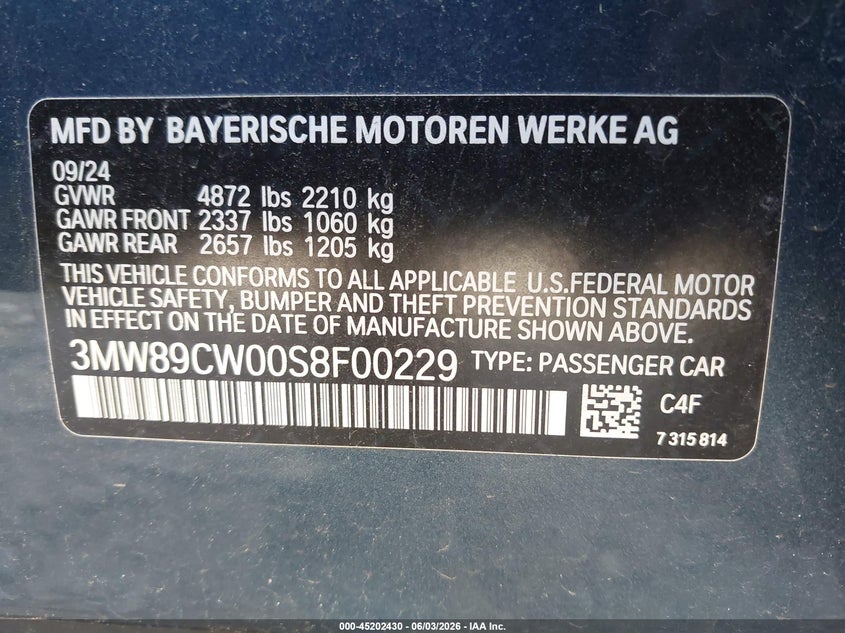 2025 BMW 3er VIN 3MW89CW00S8F00229 IAAI salvage auction — FRONT END, Salvage Title, sold $18,000 on 2026-08-24 (photo 9)