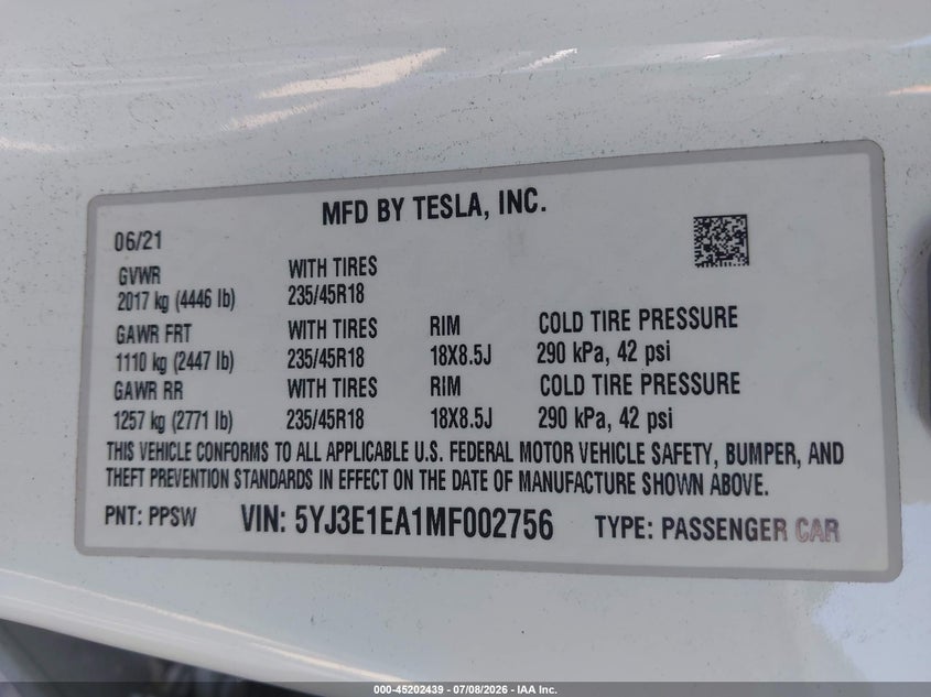 2021 Tesla Model 3 VIN 5YJ3E1EA1MF002756 IAAI salvage auction — REAR END, Clear (California), sold $4,700 on 2026-07-30 (photo 9)