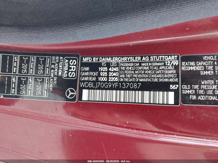 2000 Mercedes-benz Clk-class VIN WDBLJ70G9YF137087 IAAI salvage auction — FRONT END, Salvage (Kentucky), sold $25 on 2026-09-15 (photo 9)