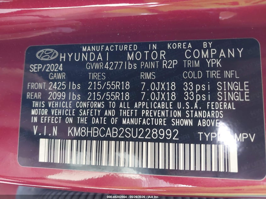 2025 Hyundai Kona VIN KM8HBCAB2SU228992 IAAI salvage auction — FRONT END, Salvage Title, sold $6,700 on 2026-07-10 (photo 9)