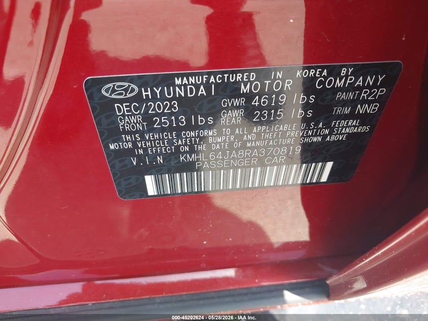 2024 Hyundai Sonata VIN KMHL64JA8RA370819 IAAI salvage auction — FRONT END, Salvage Title, sold $4,075 on 2026-07-13 (photo 9)
