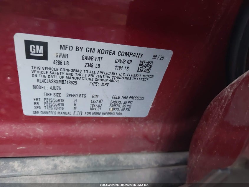 2021 Buick Encore VIN KL4CJASBXMB318629 IAAI salvage auction — REAR END, Salvage Title, sold $3,100 on 2026-07-16 (photo 9)