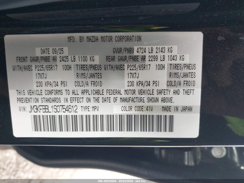 2025 Mazda Cx-5 VIN JM3KFBBL1S0754612 IAAI salvage auction — FRONT & REAR, Salvage (Idaho), sold $6,950 on 2026-07-19 (photo 9)
