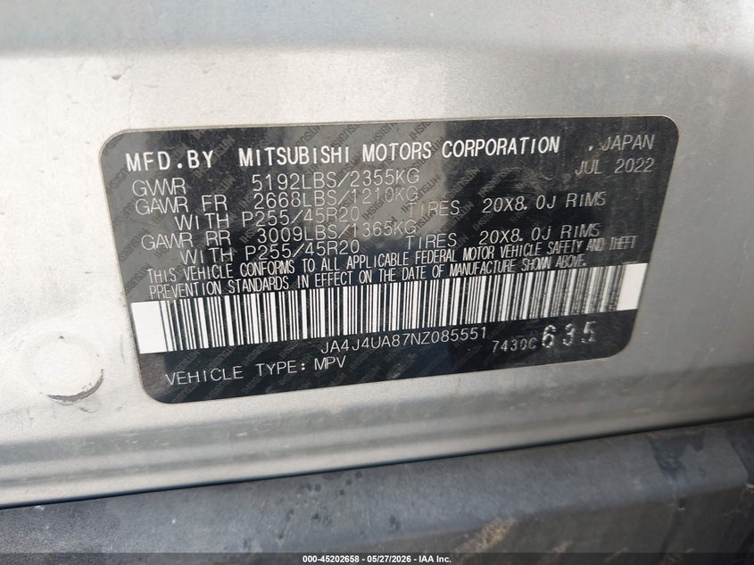 2022 Mitsubishi Outlander VIN JA4J4UA87NZ085551 IAAI salvage auction — FRONT END, Salvage Title, sold $6,100 on 2026-07-30 (photo 9)