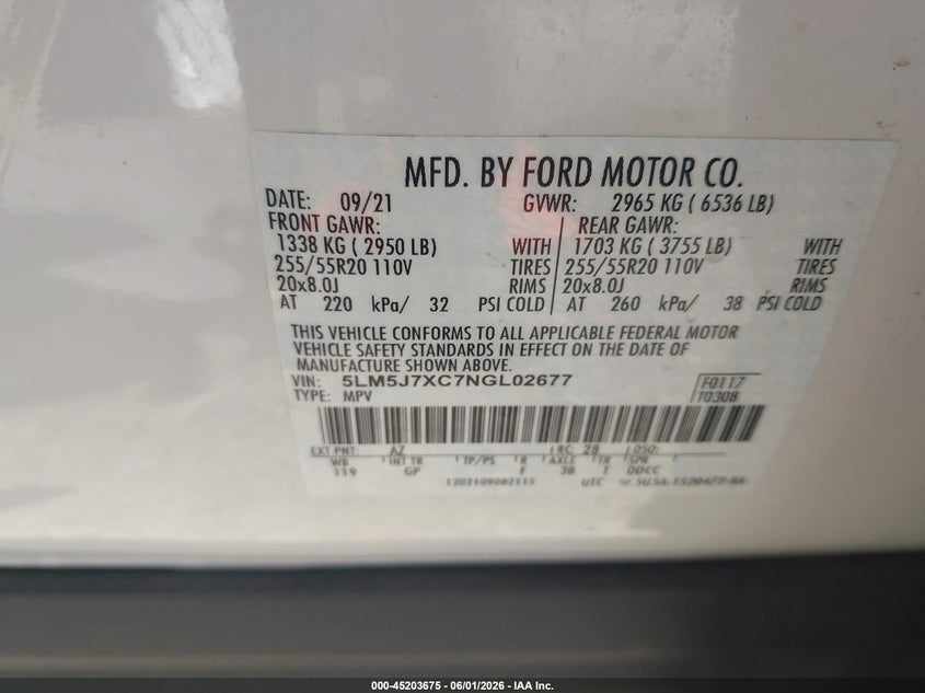 2022 Lincoln Aviator VIN 5LM5J7XC7NGL02677 IAAI salvage auction — FRONT END, Salvage (Virginia), sold $14,100 on 2026-07-31 (photo 9)