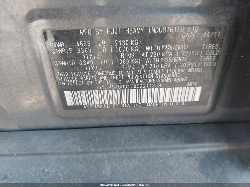 2012 Subaru Outback VIN 4S4BRDKC0C2211359 IAAI salvage auction — NORMAL WEAR, Salvage Title, sold $475 on 2026-07-20 (photo 9)