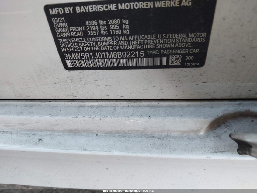 2021 BMW 3er VIN 3MW5R1J01M8B92215 IAAI salvage auction — REAR END, Original (Texas), sold $11,600 on 2026-07-28 (photo 9)