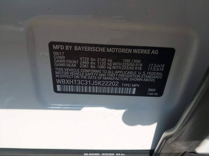 2018 BMW X1 VIN WBXHT3C31J5K22202 IAAI salvage auction — FRONT & REAR, Salvage Title, sold $3,850 on 2026-07-07 (photo 9)