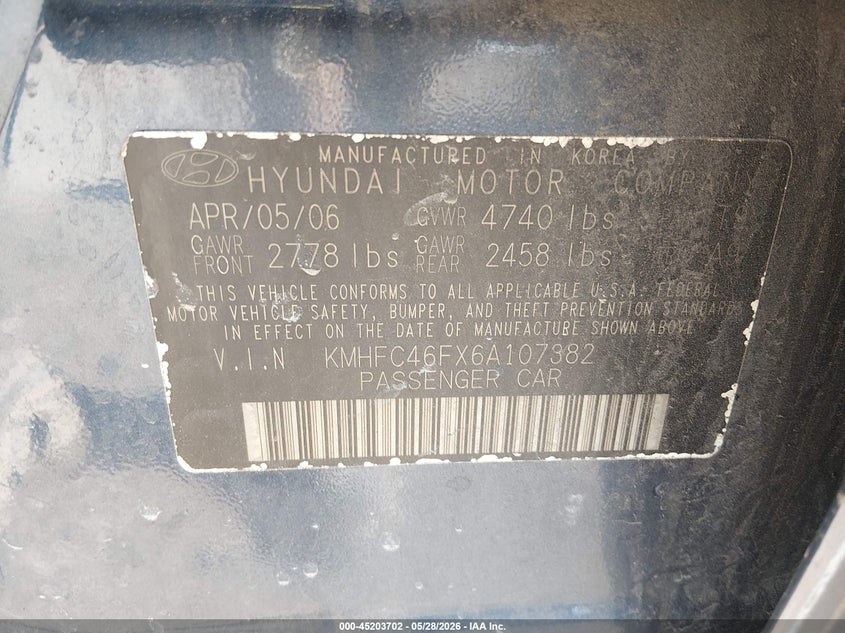 2006 Hyundai Azera VIN KMHFC46FX6A107382 IAAI salvage auction — RIGHT FRONT, Salvage (Pennsylvania), sold $550 on 2026-07-22 (photo 9)