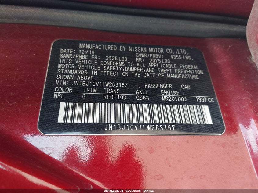 2020 Nissan Rogue VIN JN1BJ1CV1LW263167 IAAI salvage auction — REAR END, Salvage (Texas), sold $25 on 2026-07-28 (photo 9)