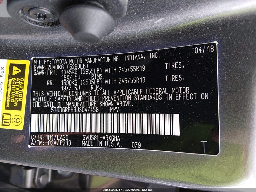2018 Toyota Highlander VIN 5TDDGRFH9JS047458 IAAI salvage auction — FRONT END, Salvage (Illinois), sold $8,600 on 2026-07-15 (photo 9)