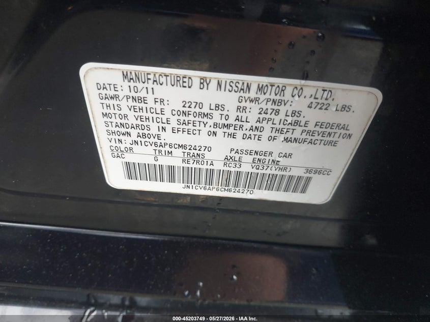 2012 Infiniti G VIN JN1CV6AP6CM624270 IAAI salvage auction — RIGHT SIDE, Salvage (Georgia), sold $350 on 2026-07-21 (photo 9)