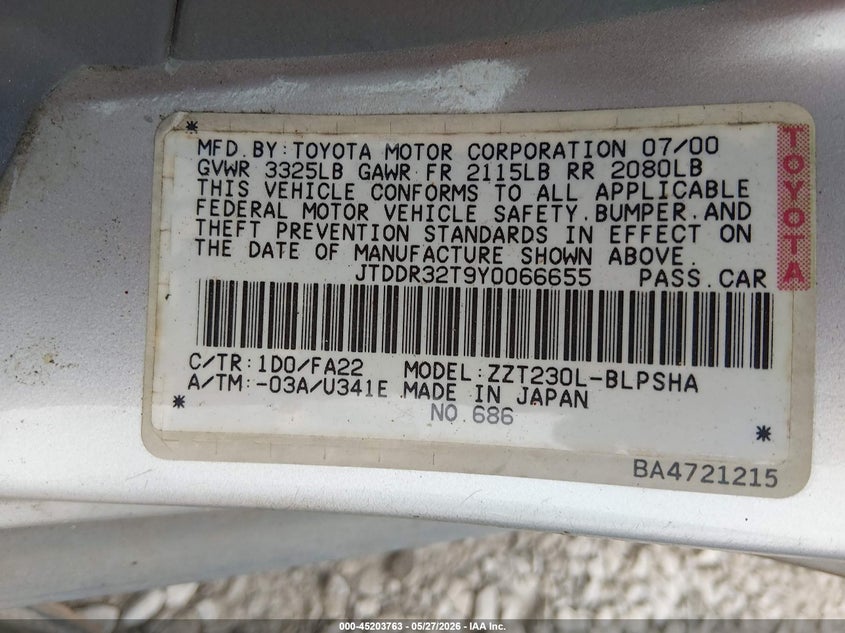 2000 Toyota Celica VIN JTDDR32T9Y0066655 IAAI salvage auction — RIGHT FRONT, Salvage (Alabama), sold $25 on 2026-07-13 (photo 9)