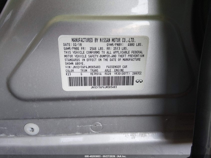 2018 Infiniti Q50 VIN JN1EV7AP4JM365483 IAAI salvage auction — FRONT END, Salvage Title, sold $4,150 on 2026-07-21 (photo 9)