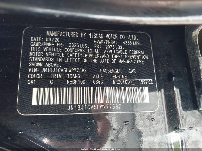 2020 Nissan Rogue VIN JN1BJ1CV5LW277587 IAAI salvage auction — LEFT FRONT, Salvage (Georgia), sold $2,400 on 2026-07-27 (photo 9)