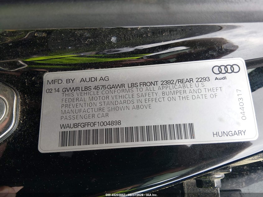 2015 Audi A3 VIN WAUBFGFF0F1004898 IAAI salvage auction — RIGHT FRONT, Salvage (South Carolina), sold $25 on 2026-07-22 (photo 9)