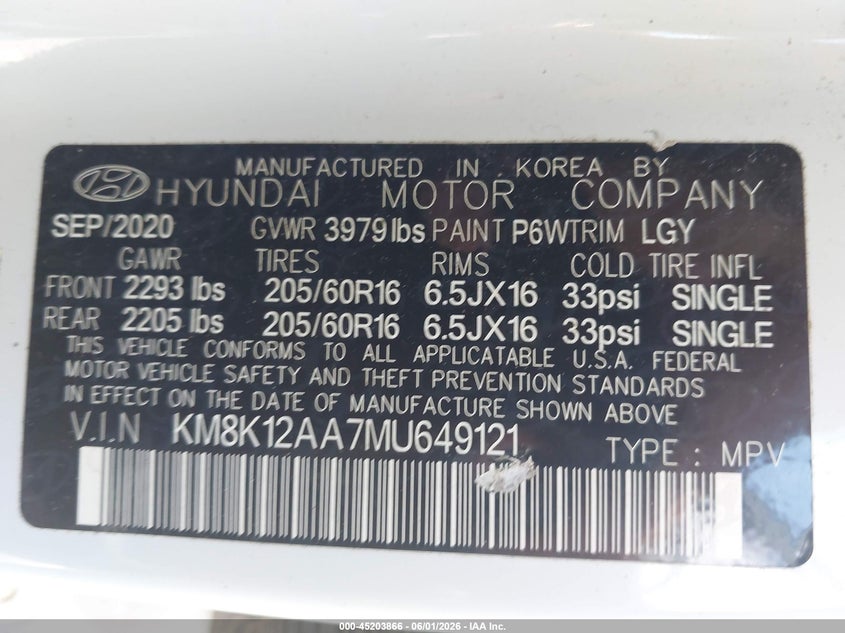 2021 Hyundai Kona VIN KM8K12AA7MU649121 IAAI salvage auction — RIGHT FRONT, Salvage (South Carolina), sold $3,750 on 2026-07-22 (photo 9)