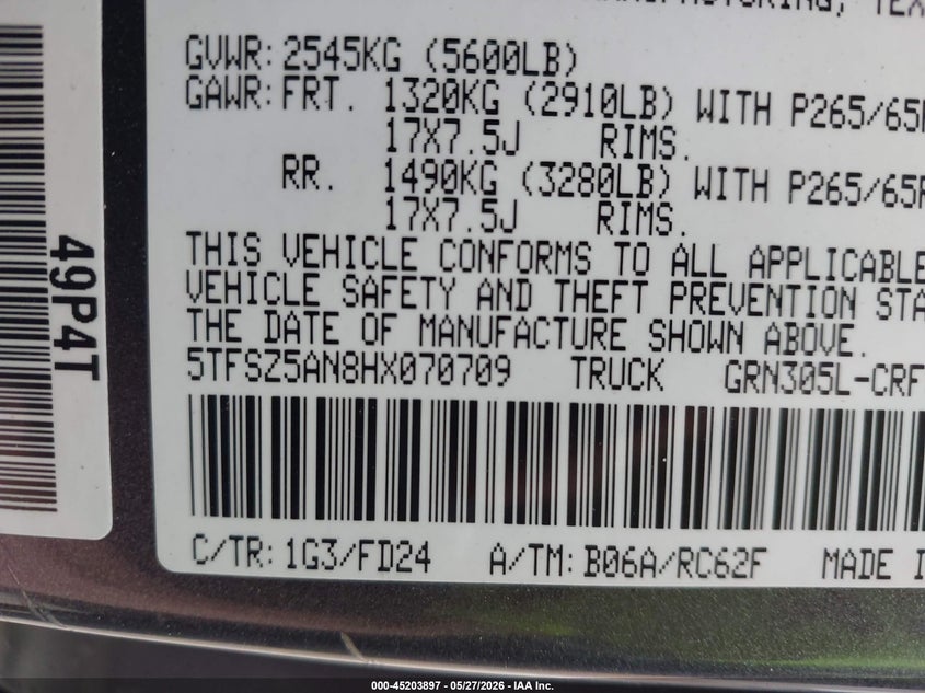 2017 Toyota Tacoma VIN 5TFSZ5AN8HX070709 IAAI salvage auction — FRONT END, Salvage Title, sold $6,000 on 2026-07-13 (photo 9)