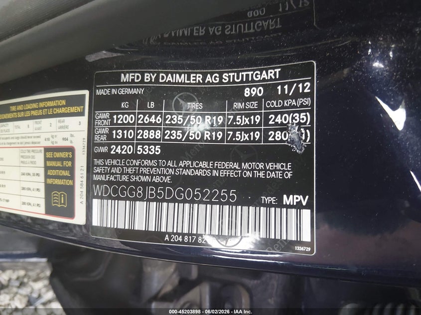 2013 Mercedes-benz Glk-klasse VIN WDCGG8JB5DG052255 IAAI salvage auction — RIGHT FRONT, Salvage Title, sold $3,350 on 2026-07-14 (photo 9)
