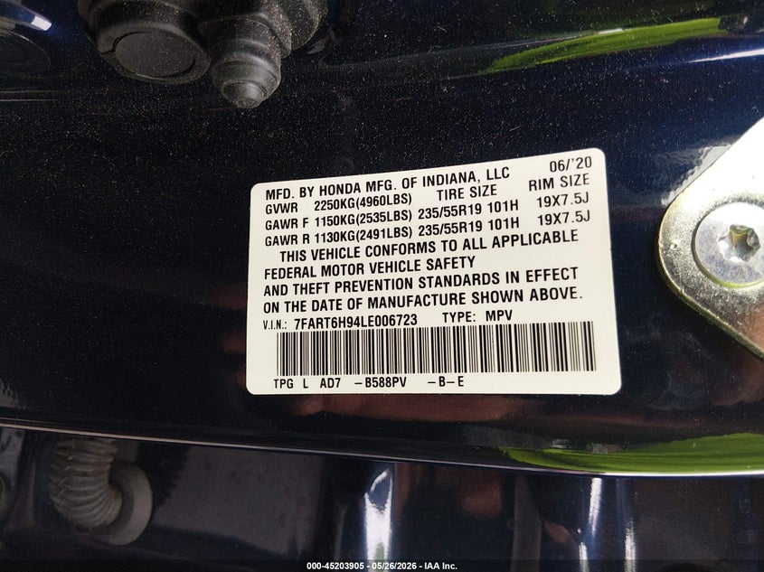 2020 Honda Cr-v VIN 7FART6H94LE006723 IAAI salvage auction — RIGHT REAR, Salvage - Greater Than 75% (Maryland), sold $10,700 on 2026-07-13 (photo 9)