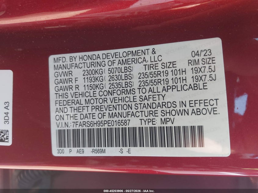 2023 Honda Cr-v VIN 7FARS6H95PE016587 IAAI salvage auction — FRONT END, Salvage Title, sold $13,100 on 2026-08-01 (photo 9)