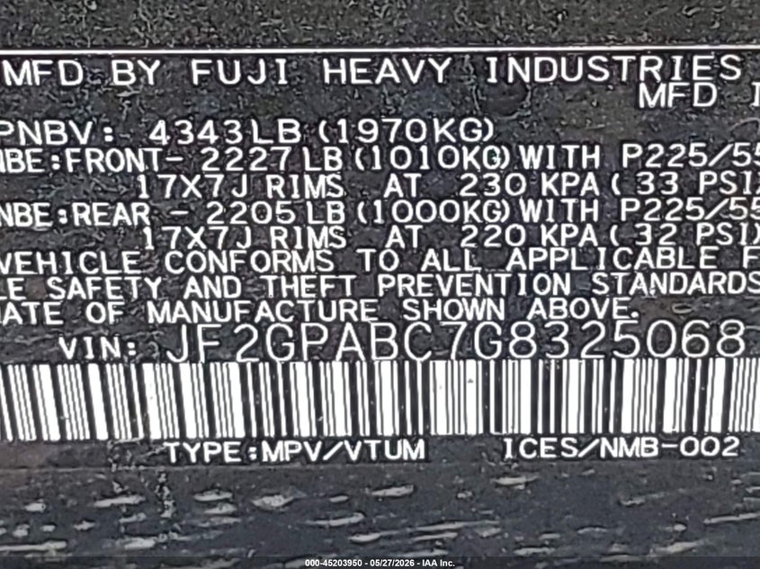 2016 Subaru Xv VIN JF2GPABC7G8325068 IAAI salvage auction — FRONT & REAR, Salvage Title, sold $1,100 on 2026-07-14 (photo 9)