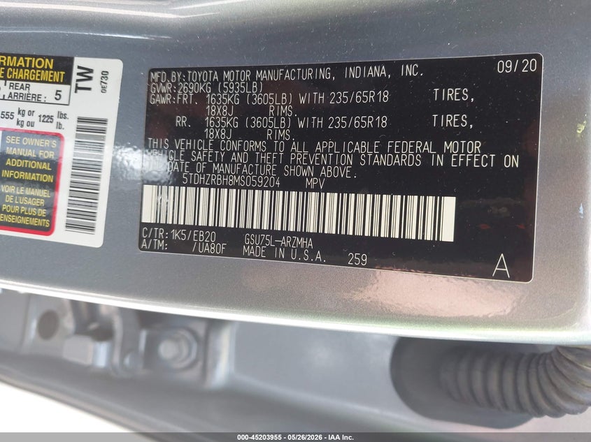 2021 Toyota Highlander VIN 5TDHZRBH8MS059204 IAAI salvage auction — SUSPENSION, Salvage (Rhode Island), sold $13,700 on 2026-07-28 (photo 9)