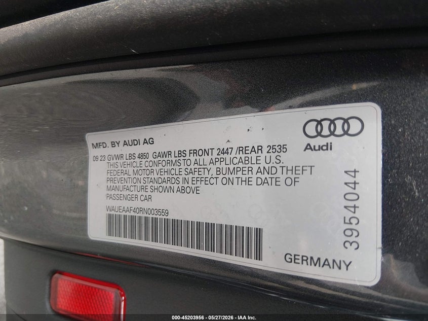 2024 Audi A4 VIN WAUEAAF40RN003559 IAAI salvage auction — Burn Engine, Salvage Title, sold $4,050 on 2026-07-09 (photo 9)