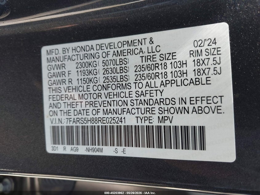 2024 Honda Cr-v VIN 7FARS5H88RE025241 IAAI salvage auction — FRONT END, Salvage (California), sold $12,800 on 2026-07-10 (photo 9)