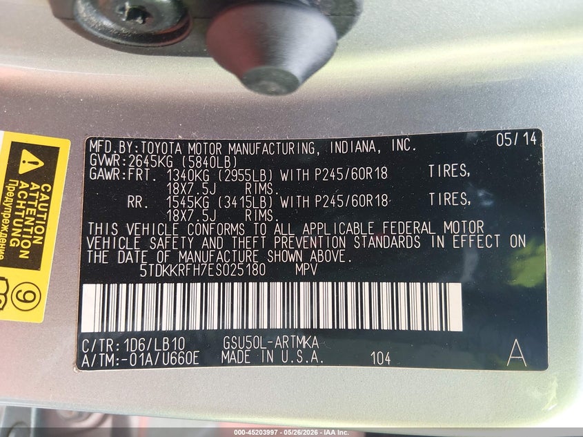 2014 Toyota Highlander VIN 5TDKKRFH7ES025180 IAAI salvage auction — LEFT SIDE, Salvage (North Carolina), sold $7,200 on 2026-07-06 (photo 9)