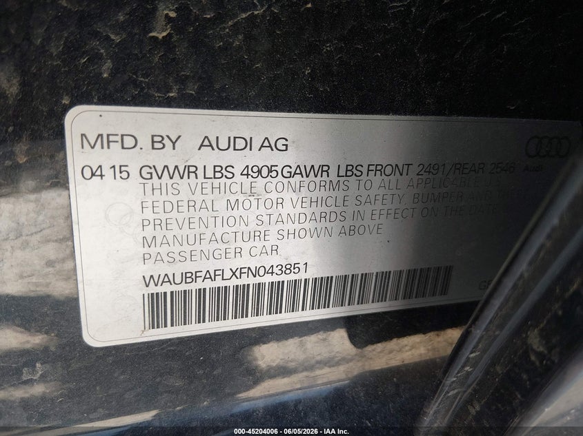 2015 Audi A4 VIN WAUBFAFLXFN043851 IAAI salvage auction — FRONT END, Salvage Title, sold $900 on 2026-07-06 (photo 9)