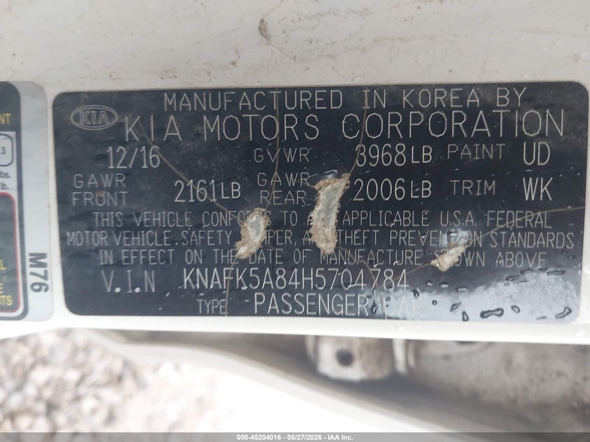2017 Kia Forte VIN KNAFK5A84H5704784 IAAI salvage auction — FRONT END, Salvage Title, sold $825 on 2026-07-22 (photo 9)