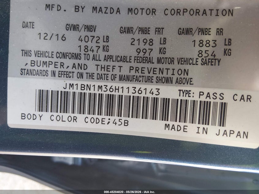 2017 Mazda 3 VIN JM1BN1M36H1136143 IAAI salvage auction — LEFT FRONT, Salvage (Kansas), sold $2,275 on 2026-07-31 (photo 9)